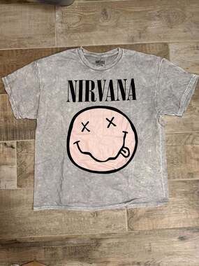 Nirvana Smiley Face Graphic T-Shirt Gray Acid Wash with Pink Smiley